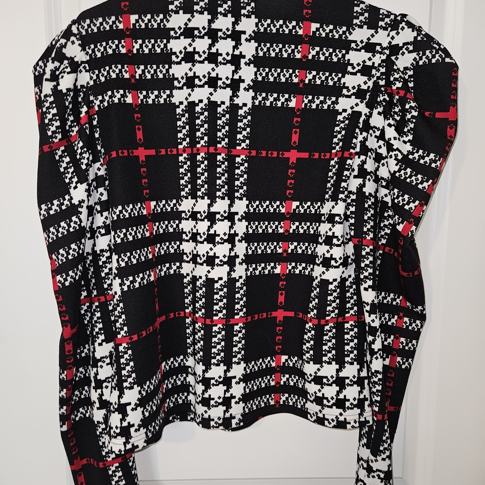 SHEIN Black and White Plaid Blouse with Red Accents